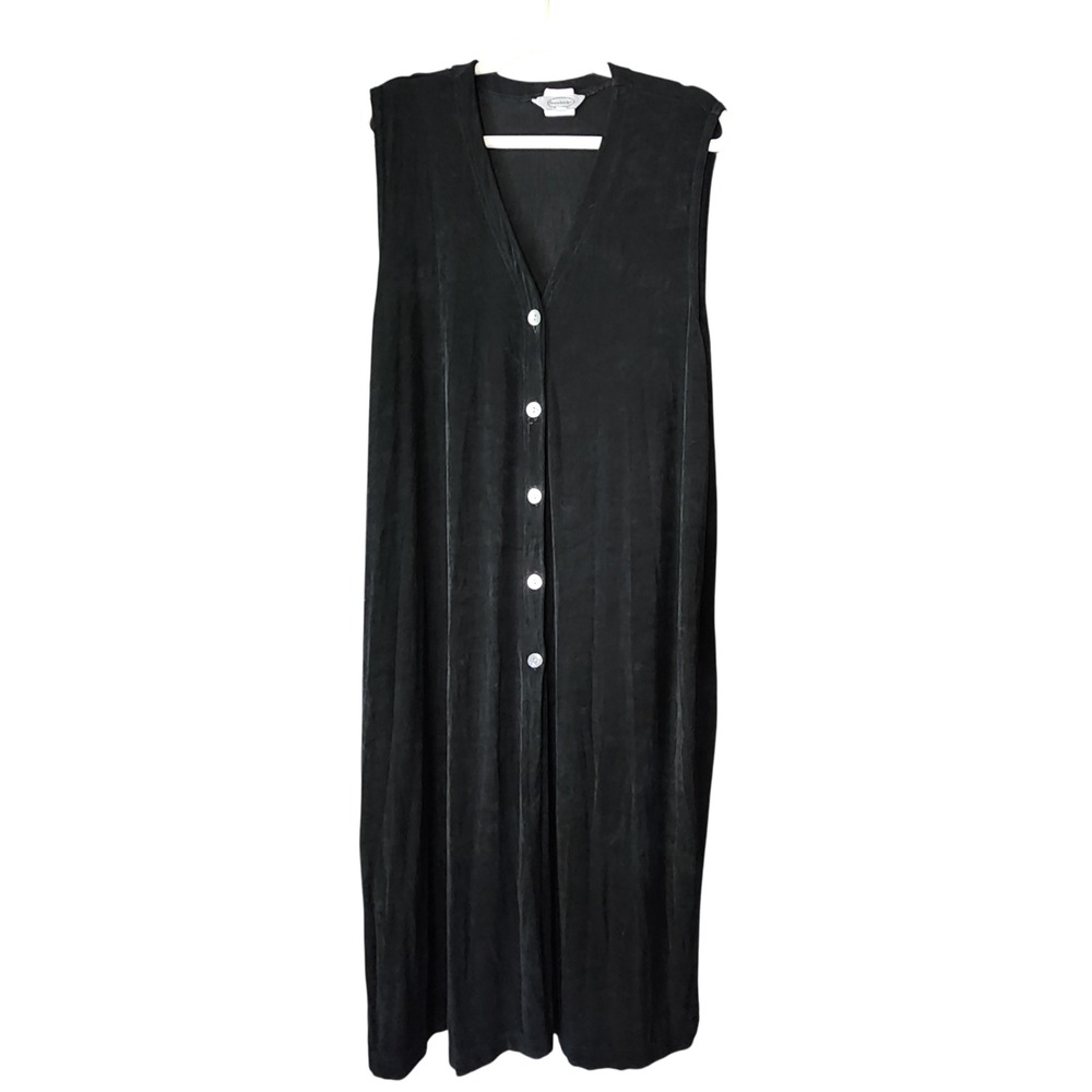 Stonebridge Slinky Maxi Midi Dress Button Front  Size XL Black Sleeveless Liquid